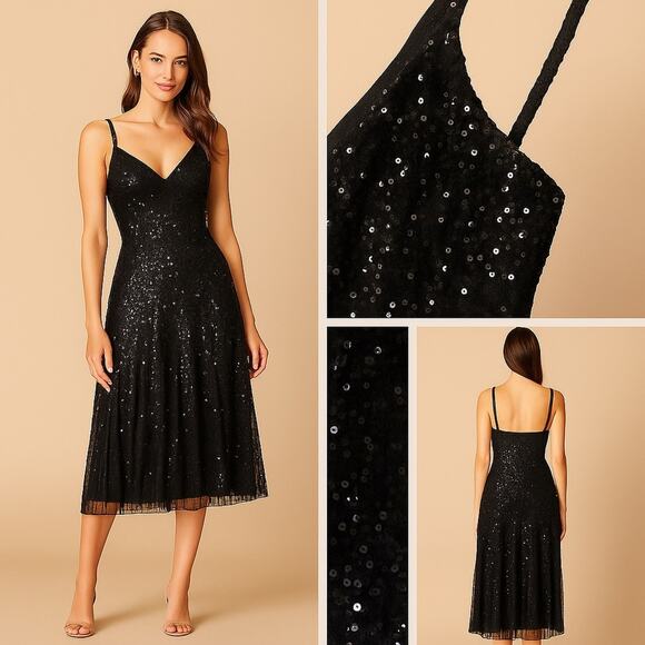 NWT LARA Black Sequin Midi Dress Style 29347 | Size 6 Cocktail Formal - Picture 1 of 13